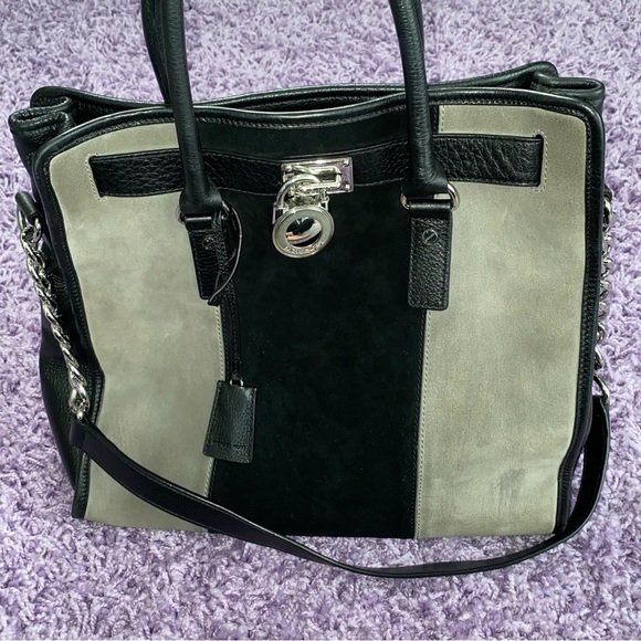 AUTH Michael Kors Large Hamilton Center Stripe Colorblock Suede Satchel Purse - Picture 4 of 13